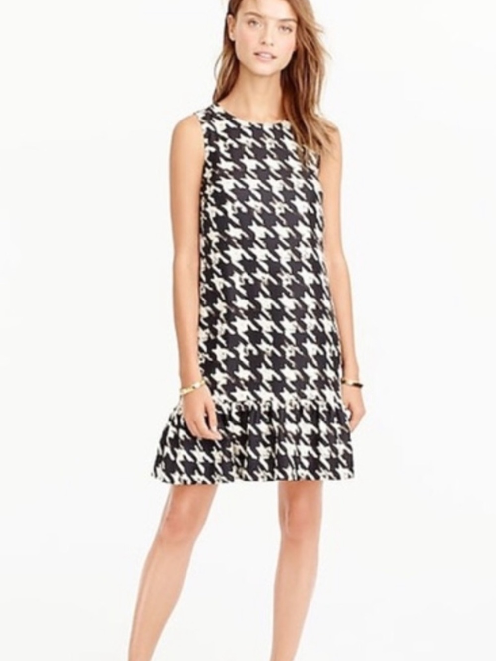 J. Crew Silk Sleeveless Houndstooth Ruffle Hem Dress Black & White Size 8